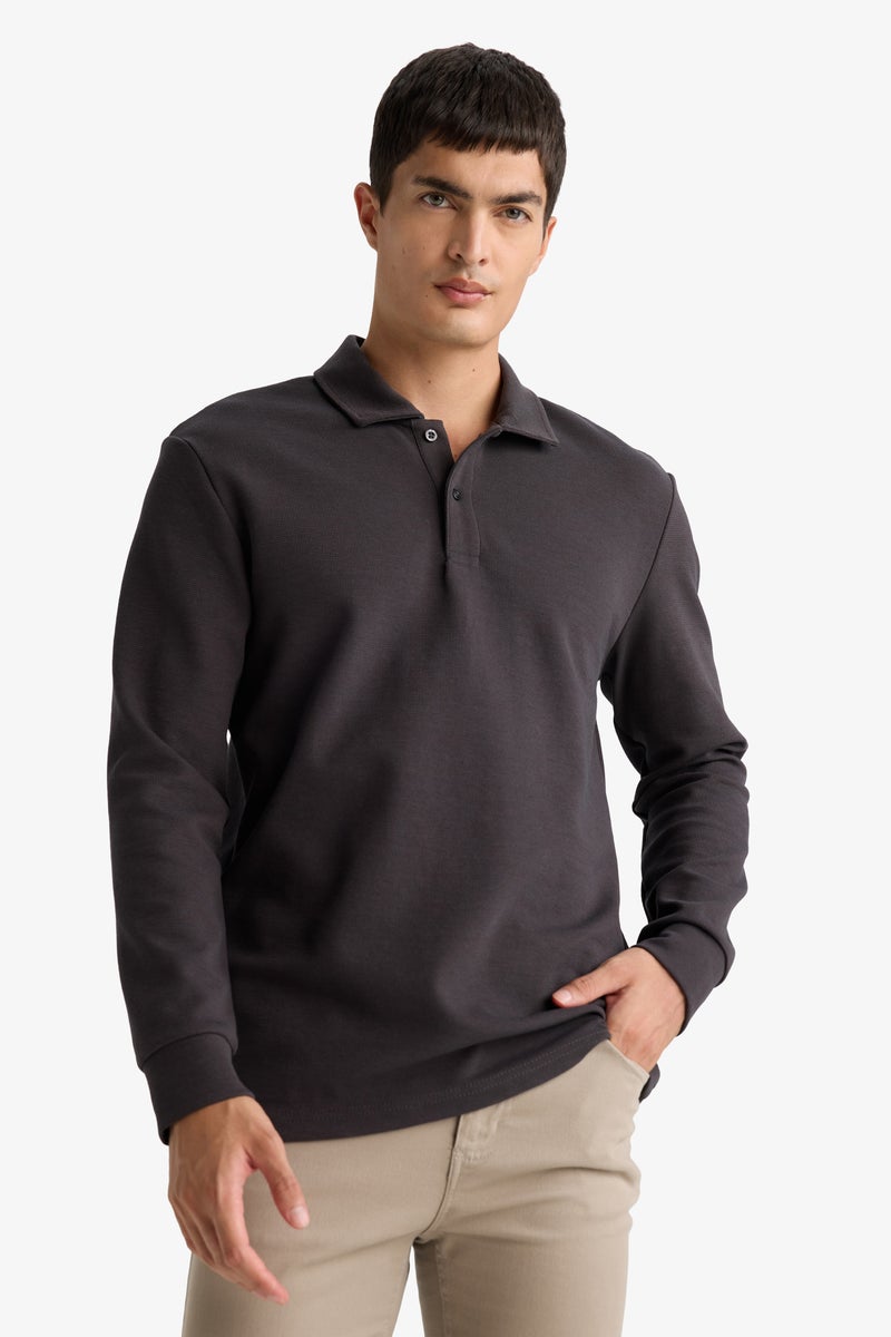 DeFacto Grey Man Regular Fit Polo Collar Long Sleeve Sweatshirt Casual - Image 4